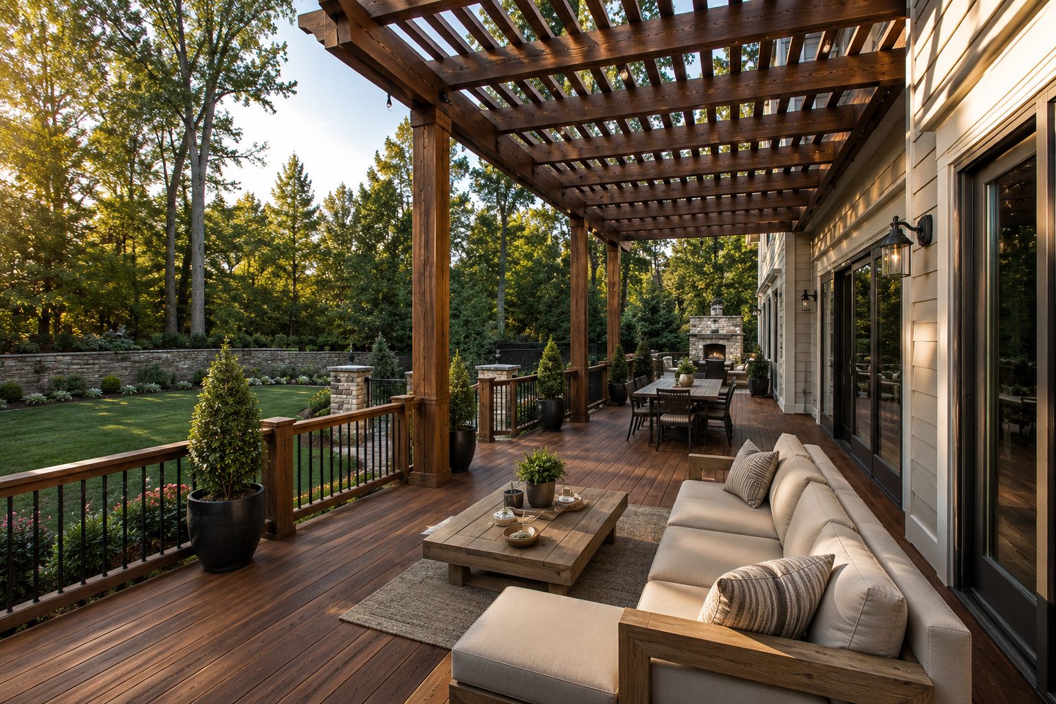 Multi-level IPE hardwood deck with cedar pergola built by Berriz in Great Falls, Northern Virginia at golden hour