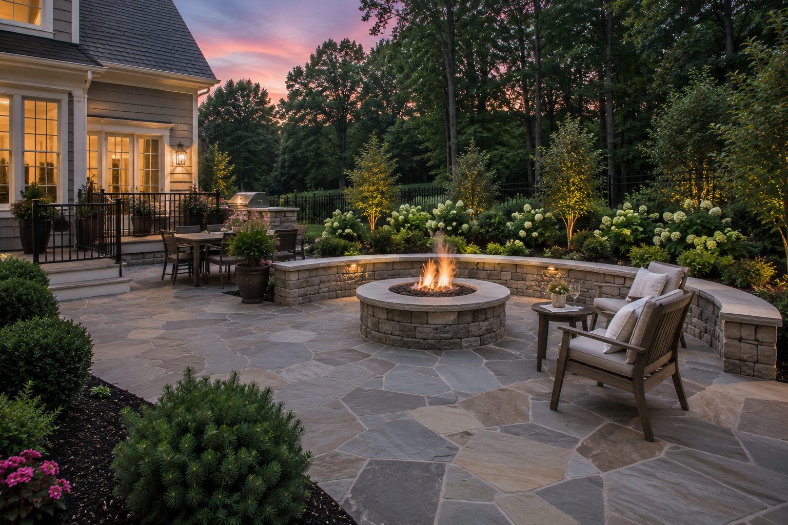 Luxury outdoor living space with covered porch, paver patio, and pool built by Berriz in Northern Virginia