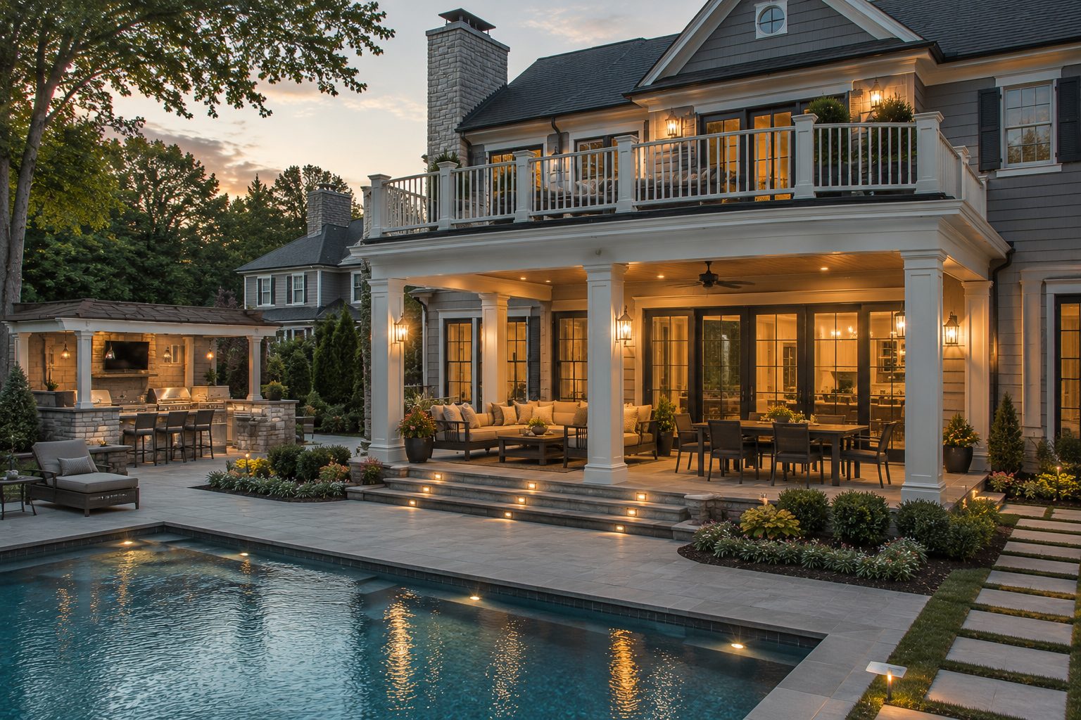 Covered back porch with stone columns and tongue-and-groove ceiling built by Berriz in McLean, Virginia